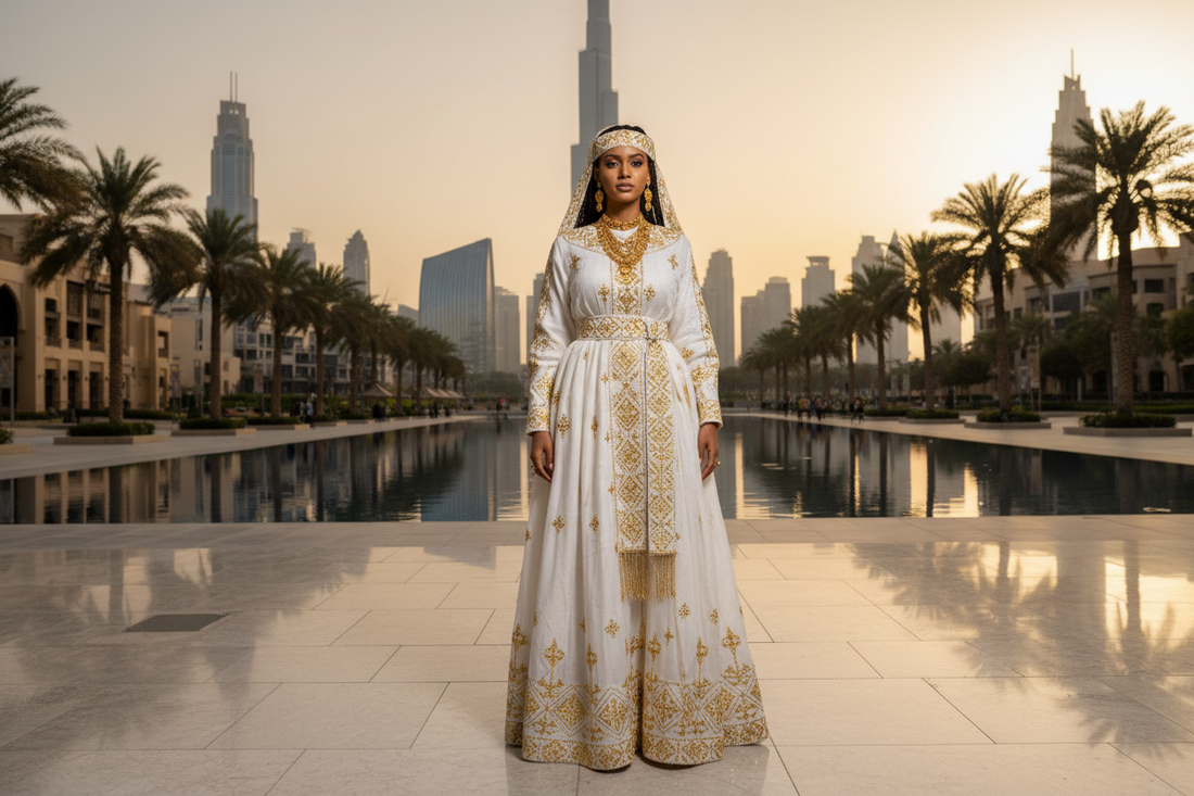 Ethiopian woman wearing a traditional Habesha Kemis dress