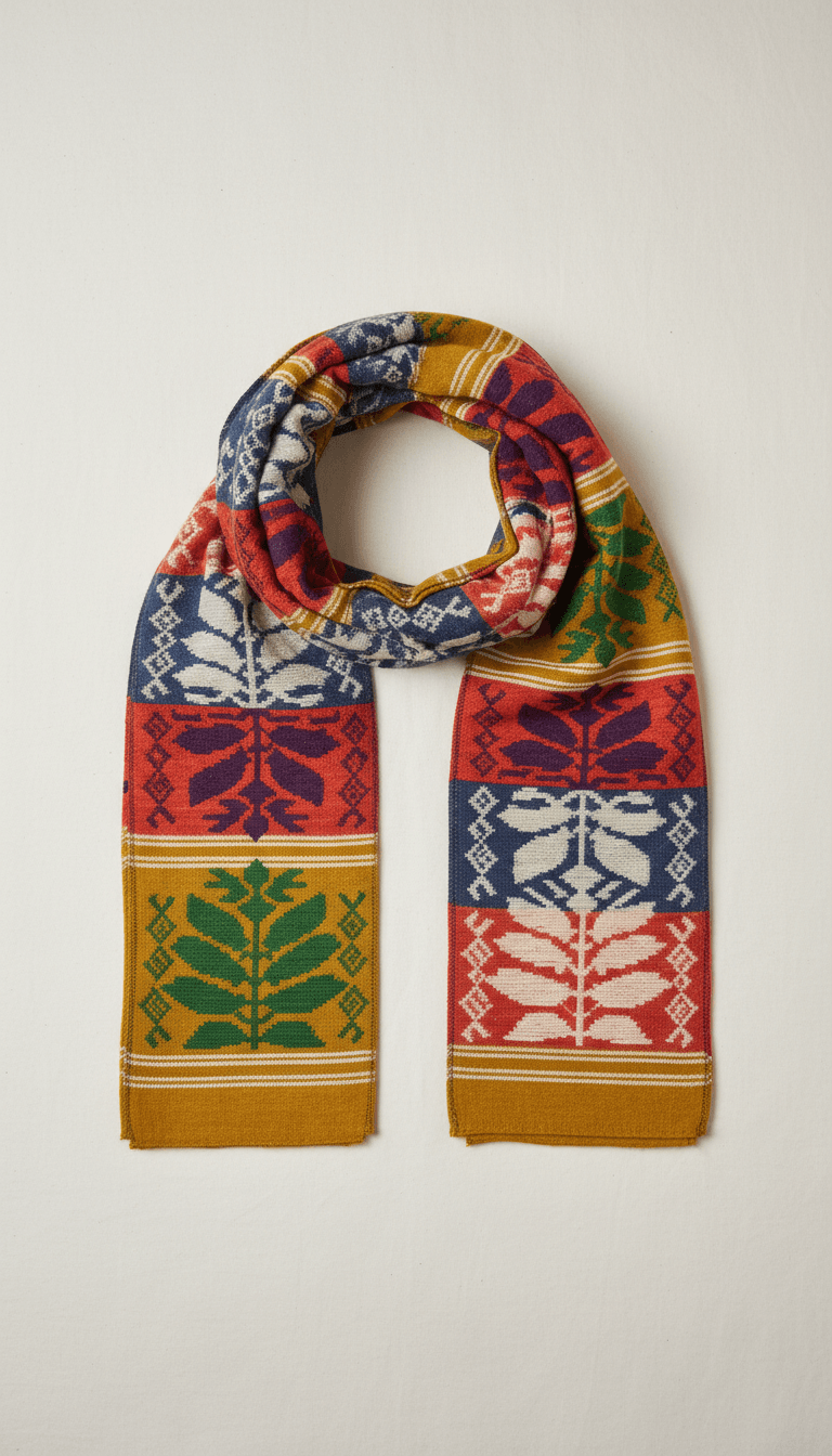 Colorful woven scarf featuring traditional Ethiopian ancestral motifs in red, blue, green, and mustard, with subtle shaping for natural movement