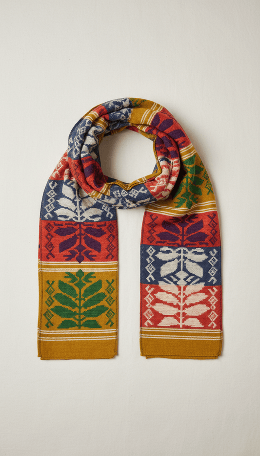 Colorful woven scarf featuring traditional Ethiopian ancestral motifs in red, blue, green, and mustard, with subtle shaping for natural movement