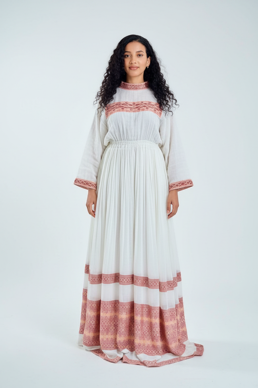 Habesha Kemis front view – white and terracotta