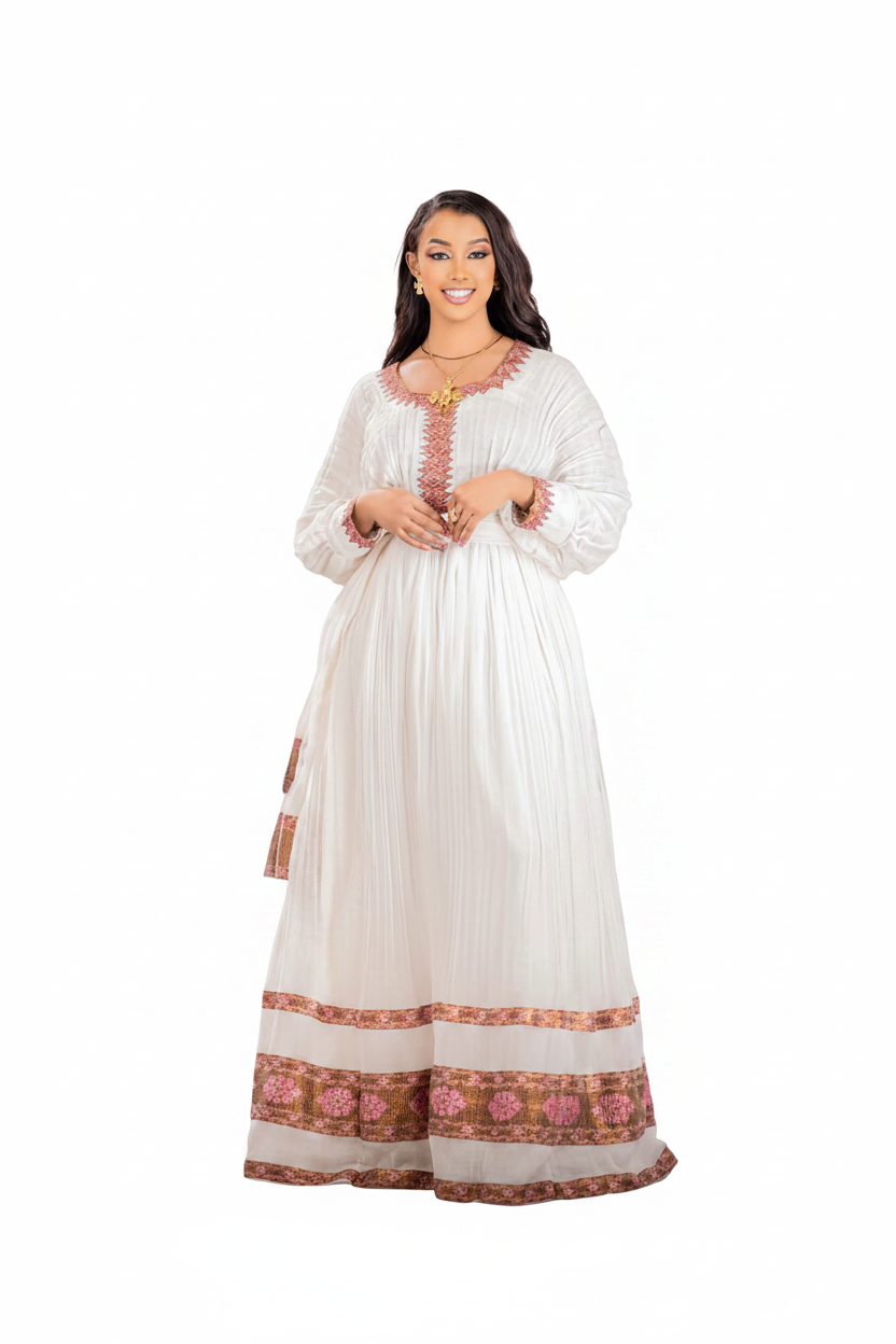 Habesha Kemis front view – white and rose pink floral