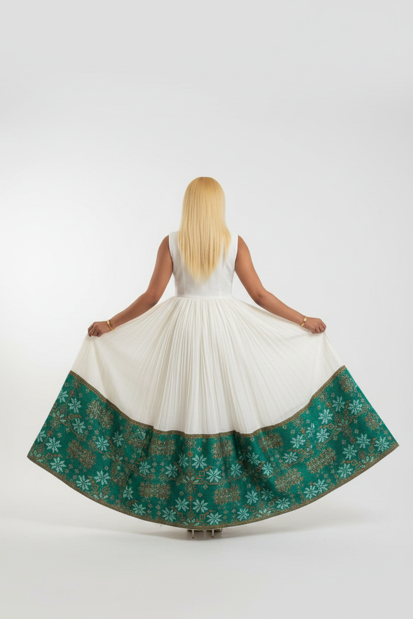 Habesha Kemis back view – white and green embroidery border
