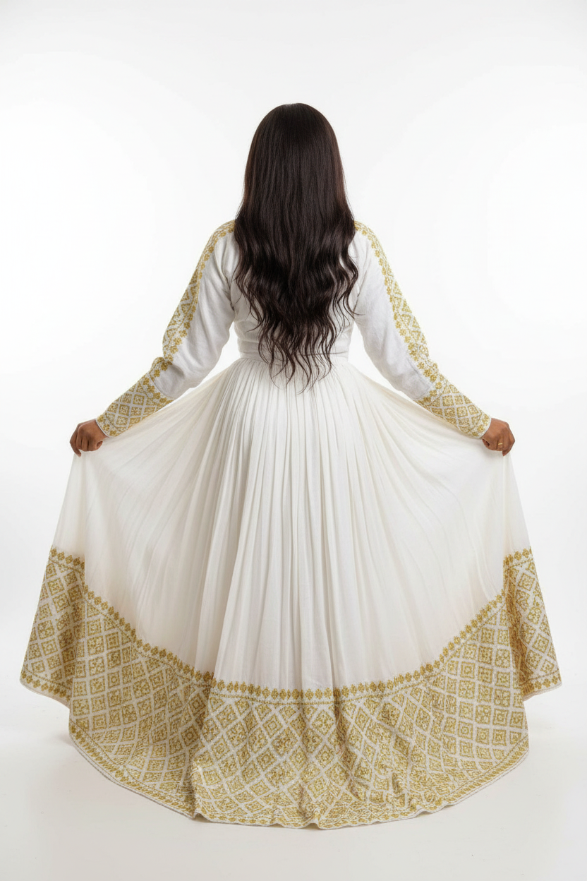 Habesha Kemis back view – white and gold embroidery border