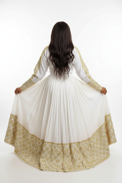 Habesha Kemis back view – white and gold embroidery border