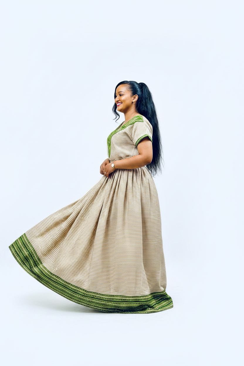 Habesha Kemis side view – striped beige and green