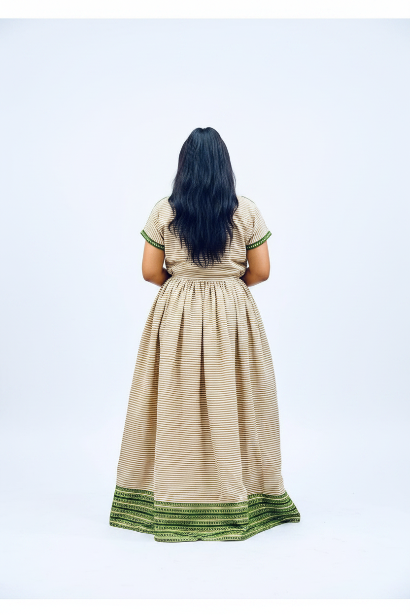 Habesha Kemis back view – striped beige and green embroidery border