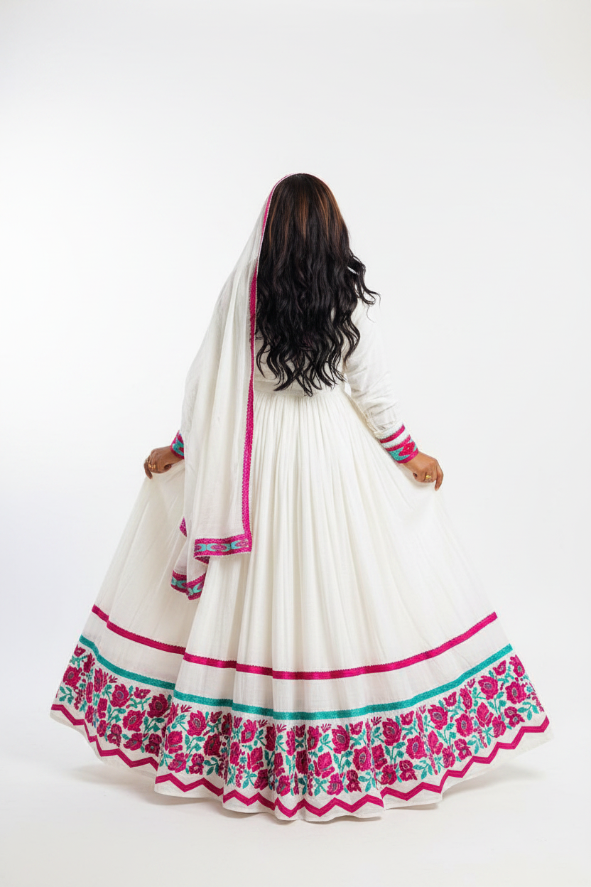 Habesha Kemis back view – white and hot pink embroidery borders