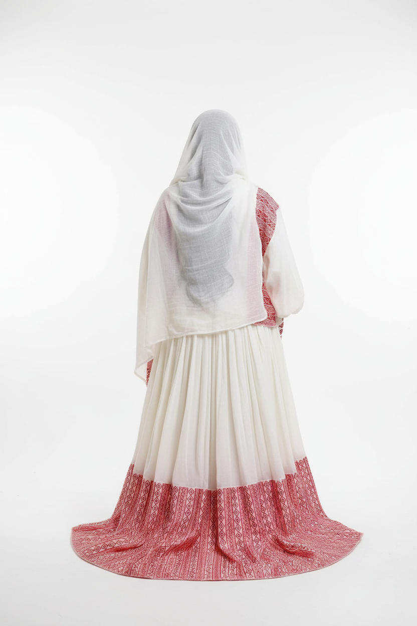 Habesha Kemis back view – white and red embroidery border
