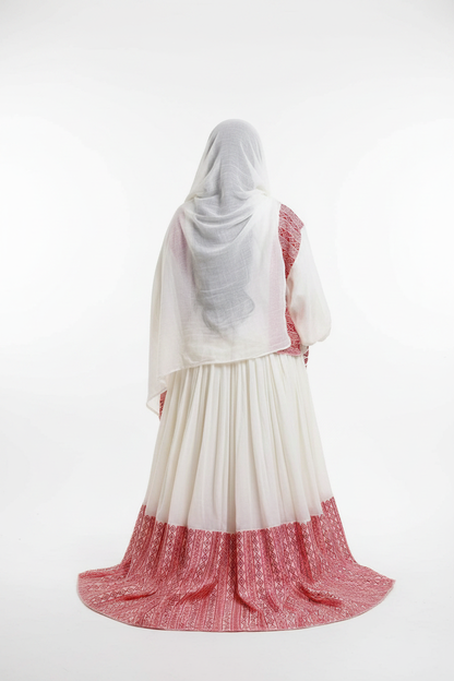 Habesha Kemis back view – white and red embroidery border