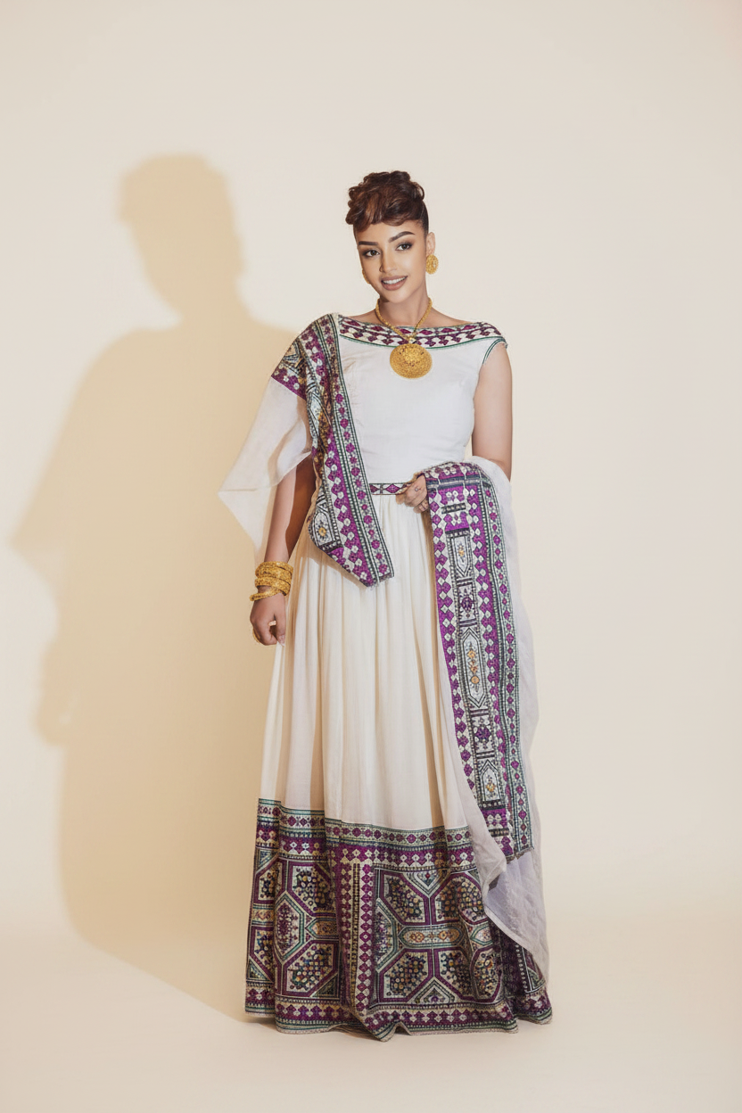Habesha Kemis side view – cream and purple