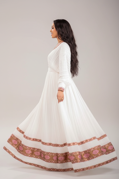 Habesha Kemis side view – white and rose pink floral