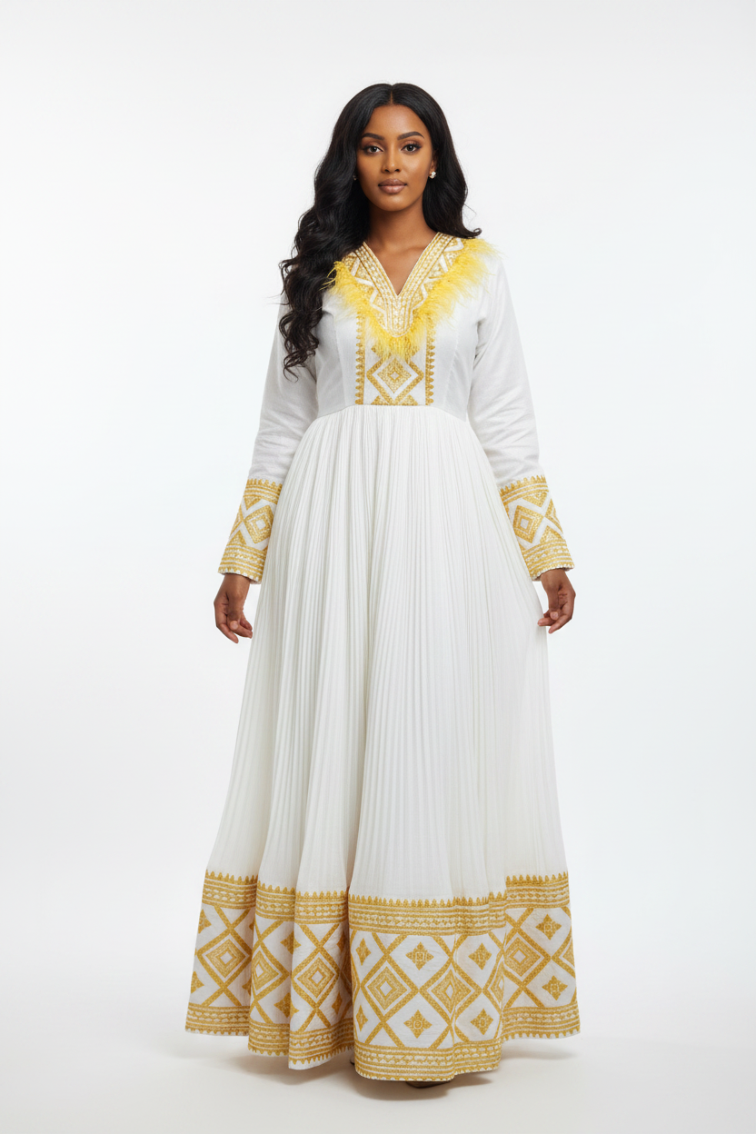 Habesha Kemis front view – white and gold with feather neckline