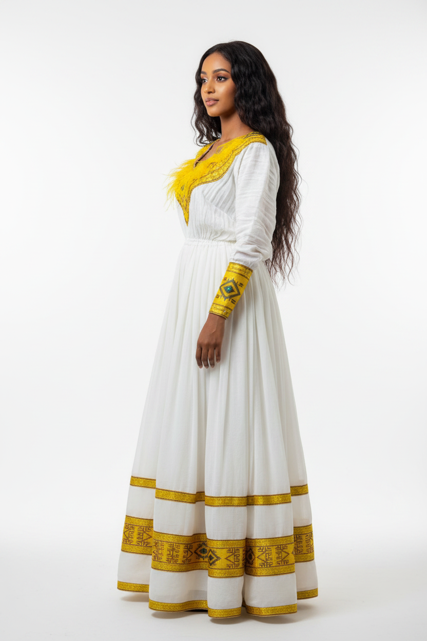 Habesha Kemis side view – white and gold on model
