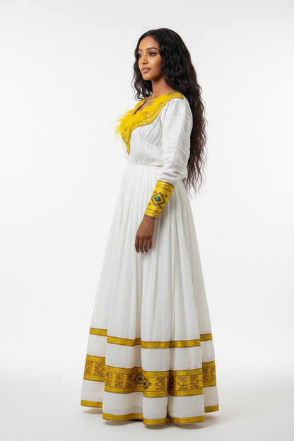 Habesha Kemis side view – white and gold on model