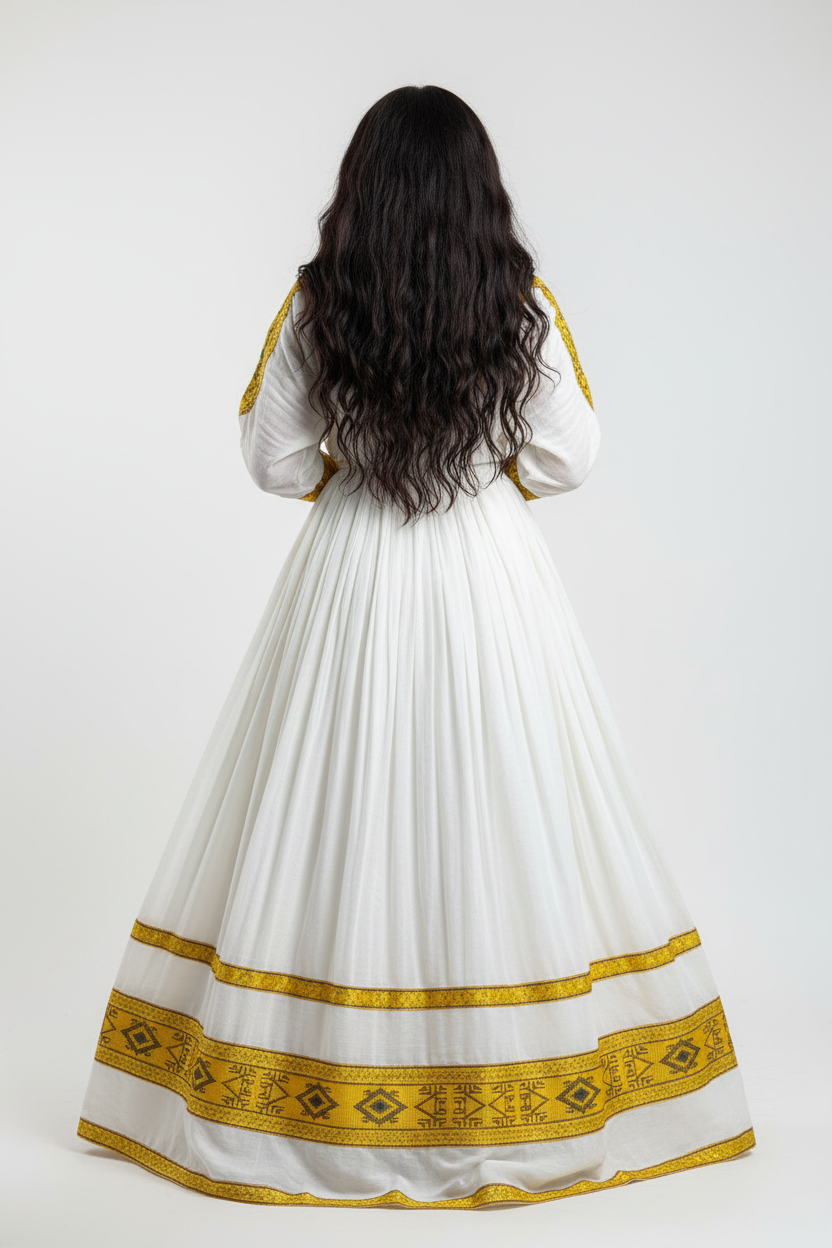 Habesha Kemis back view – white and gold embroidery on model