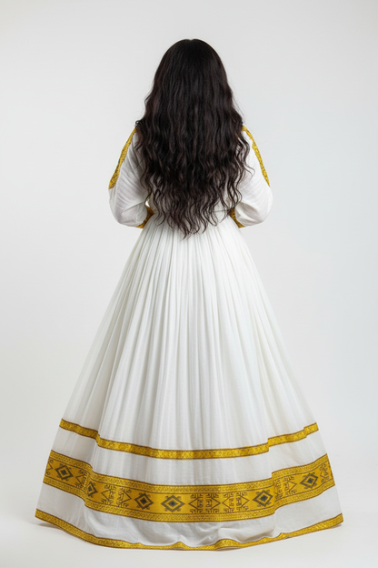 Habesha Kemis back view – white and gold embroidery on model