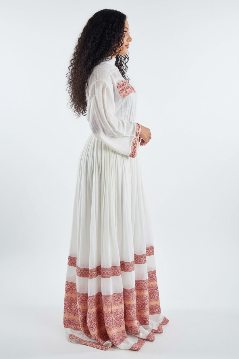 Habesha Kemis side view – white and terracotta