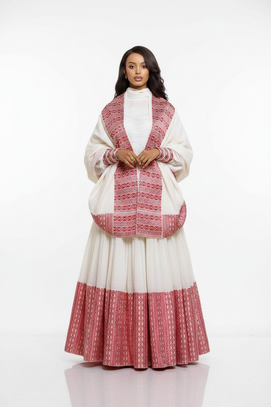 Habesha Kemis front studio view – white and red long sleeve