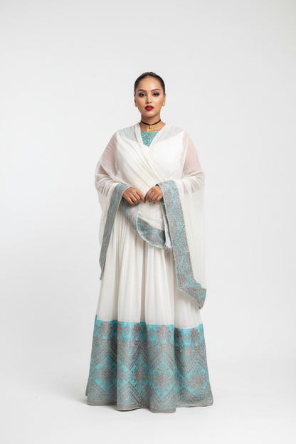 Habesha Kemis front studio view – white and teal
