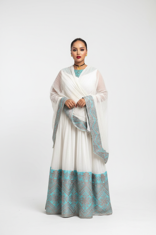 Habesha Kemis front studio view – white and teal