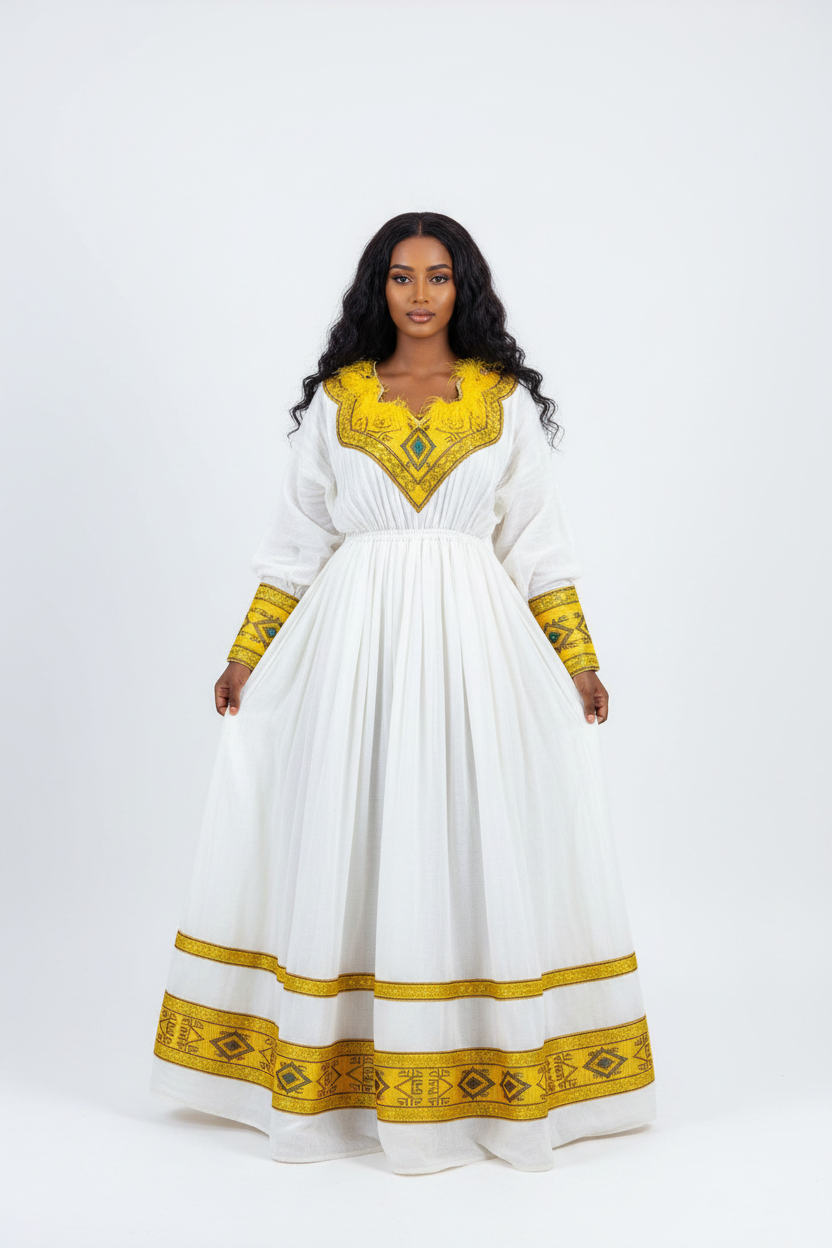 Habesha Kemis front view – white and gold with feather neckline on model