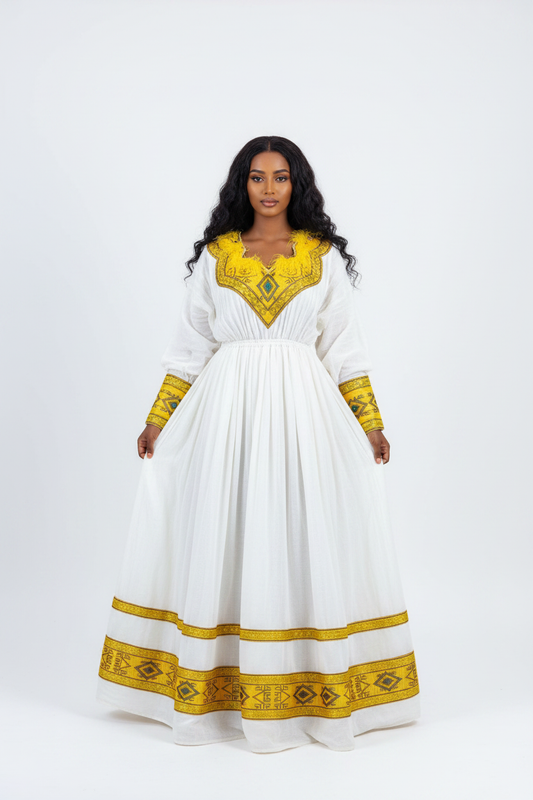 Habesha Kemis front view – white and gold with feather neckline on model