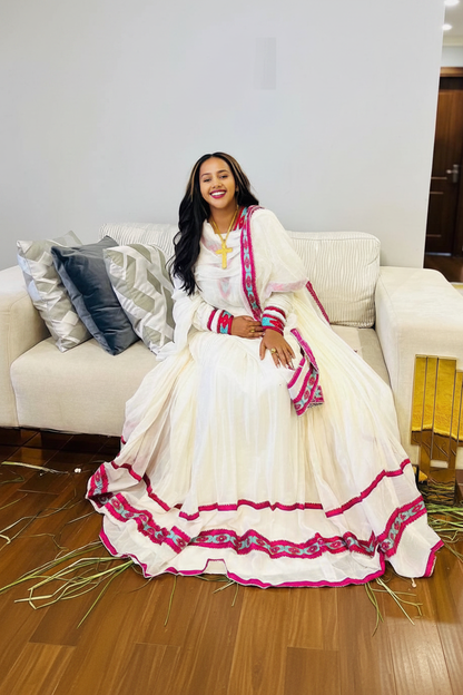 Habesha Kemis front view – white and hot pink floral