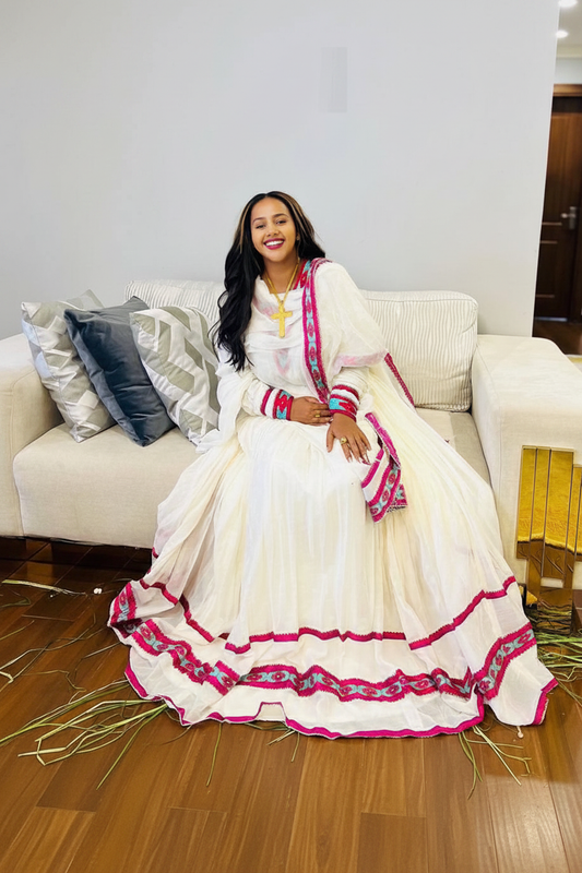 Habesha Kemis front view – white and hot pink floral