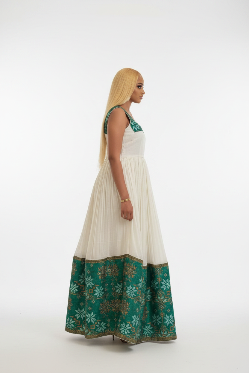 Habesha Kemis side view – white and green flared skirt
