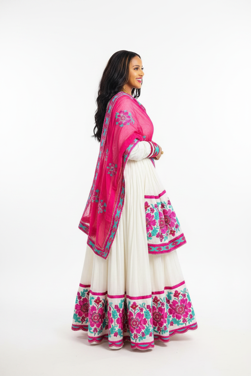 Habesha Kemis side view – white and hot pink floral
