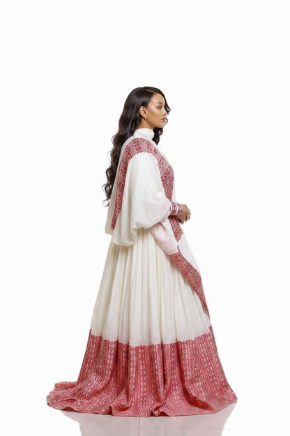 Habesha Kemis side view – white and red long sleeve