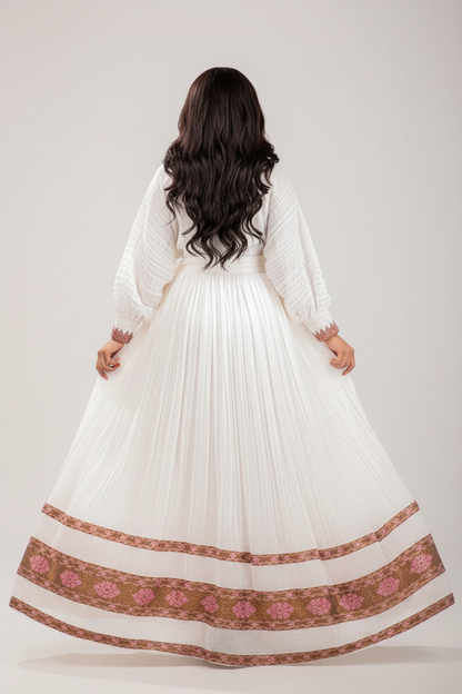 Habesha Kemis back view – white and rose pink embroidery border