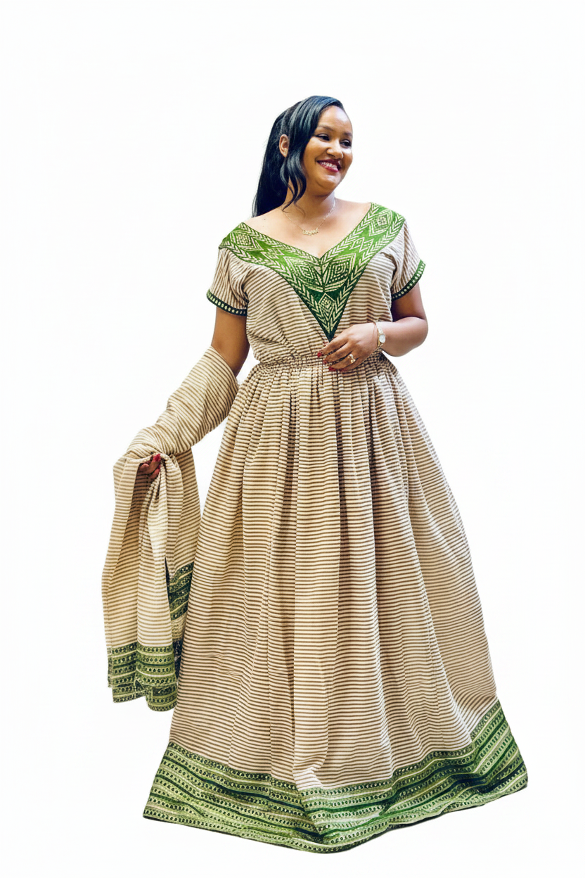 Habesha Kemis front view – striped beige and green